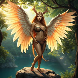 A beautiful female harpy with large breasts, showcasing stunning feathered wings and a captivating face