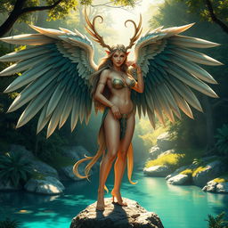 A beautiful female harpy with large breasts, showcasing stunning feathered wings and a captivating face