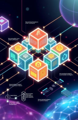 An informative and visually engaging illustration of blockchain technology and architecture, featuring a complex network of interconnected blocks symbolizing secure data storage and transmission