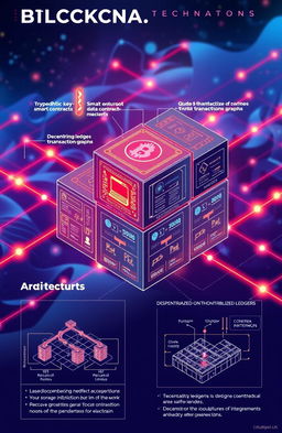 An informative and visually engaging illustration of blockchain technology and architecture, featuring a complex network of interconnected blocks symbolizing secure data storage and transmission