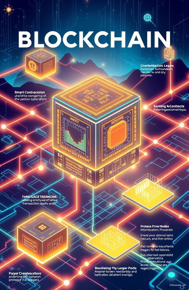 An informative and visually engaging illustration of blockchain technology and architecture, featuring a complex network of interconnected blocks symbolizing secure data storage and transmission