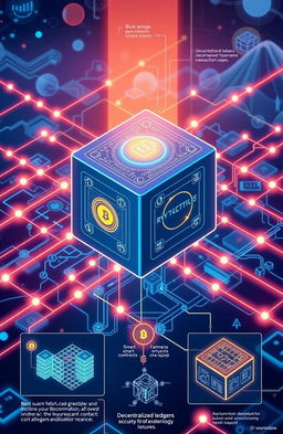 An informative and visually engaging illustration of blockchain technology and architecture, featuring a complex network of interconnected blocks symbolizing secure data storage and transmission