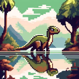 Pixel art PFP featuring a charming green and brown Parasaurolophus against a backdrop of a serene lake.