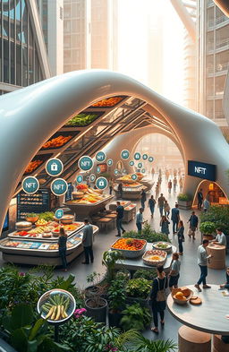 A futuristic representation of blockchain technology and NFTs in the context of food and gastronomy