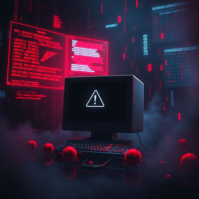 A dramatic digital artwork representing the concept of malware, featuring a dark, ominous environment filled with glitching screens, floating binary code, and ominous shadows