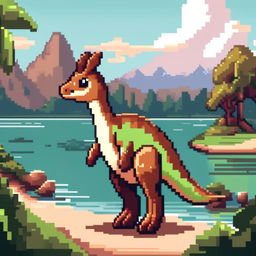 Pixel art PFP featuring a charming green and brown Parasaurolophus against a backdrop of a serene lake.