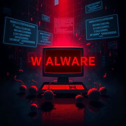 A dramatic digital artwork representing the concept of malware, featuring a dark, ominous environment filled with glitching screens, floating binary code, and ominous shadows
