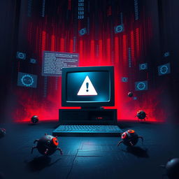 A dramatic digital artwork representing the concept of malware, featuring a dark, ominous environment filled with glitching screens, floating binary code, and ominous shadows