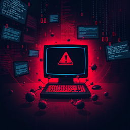 A dramatic digital artwork representing the concept of malware, featuring a dark, ominous environment filled with glitching screens, floating binary code, and ominous shadows