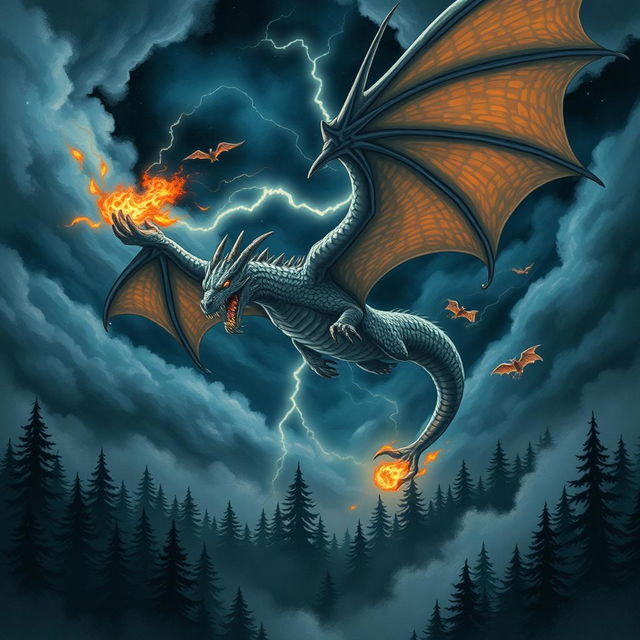 an illustration of a fierce, mythical dragon soaring through a stormy night sky, with bright lightning illuminating its scales and fiery breath, clouds swirling dramatically, and below, a dark foreboding forest shrouded in mist, creating an atmosphere of enchantment and danger, richly detailed