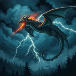 an illustration of a fierce, mythical dragon soaring through a stormy night sky, with bright lightning illuminating its scales and fiery breath, clouds swirling dramatically, and below, a dark foreboding forest shrouded in mist, creating an atmosphere of enchantment and danger, richly detailed