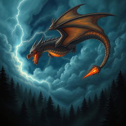 an illustration of a fierce, mythical dragon soaring through a stormy night sky, with bright lightning illuminating its scales and fiery breath, clouds swirling dramatically, and below, a dark foreboding forest shrouded in mist, creating an atmosphere of enchantment and danger, richly detailed