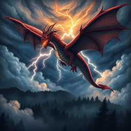 an illustration of a fierce, mythical dragon soaring through a stormy night sky, with bright lightning illuminating its scales and fiery breath, clouds swirling dramatically, and below, a dark foreboding forest shrouded in mist, creating an atmosphere of enchantment and danger, richly detailed