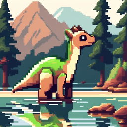 Pixel art PFP featuring a charming green and brown Parasaurolophus against a backdrop of a serene lake.