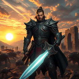 A fantastical scene featuring a majestic male warrior, clad in intricately designed armor that combines elements of medieval and futuristic styles