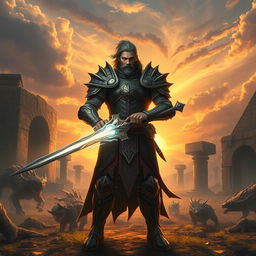 A fantastical scene featuring a majestic male warrior, clad in intricately designed armor that combines elements of medieval and futuristic styles