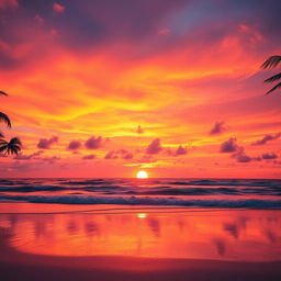 A captivating sunset scene over a serene beach, featuring vibrant orange, pink, and purple hues blending beautifully in the sky