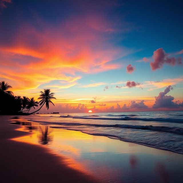 A captivating sunset scene over a serene beach, featuring vibrant orange, pink, and purple hues blending beautifully in the sky