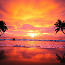 A captivating sunset scene over a serene beach, featuring vibrant orange, pink, and purple hues blending beautifully in the sky