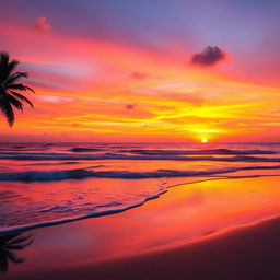 A captivating sunset scene over a serene beach, featuring vibrant orange, pink, and purple hues blending beautifully in the sky