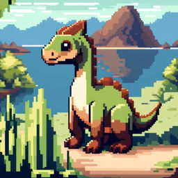 Pixel art PFP featuring a charming green and brown Parasaurolophus against a backdrop of a serene lake.