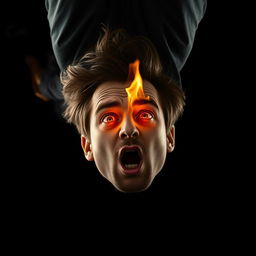 A dramatic scene featuring a man falling backwards against a solid black background, creating a stark and intense contrast