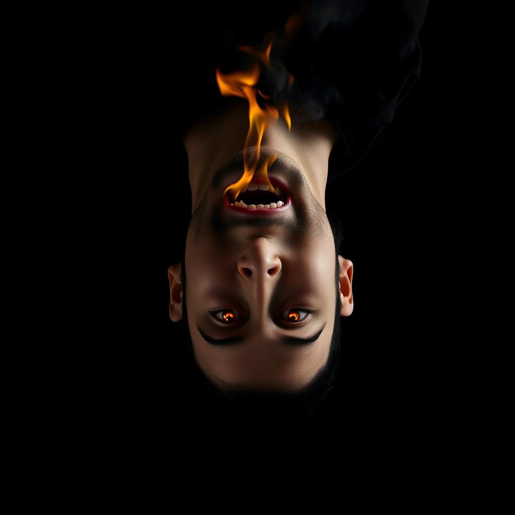 A dramatic scene featuring a man falling backwards against a solid black background, creating a stark and intense contrast