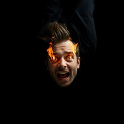 A dramatic scene featuring a man falling backwards against a solid black background, creating a stark and intense contrast