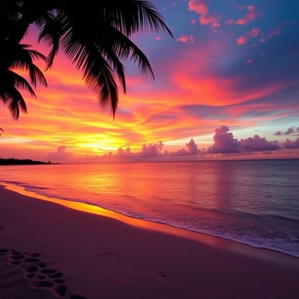 A mesmerizing sunset scene depicting vivid orange, pink, and purple hues blending beautifully across the sky above a serene beach