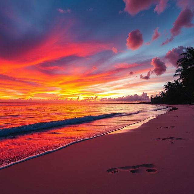 A mesmerizing sunset scene depicting vivid orange, pink, and purple hues blending beautifully across the sky above a serene beach