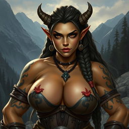 A beautiful female orc with large breasts, displaying a fierce yet captivating presence