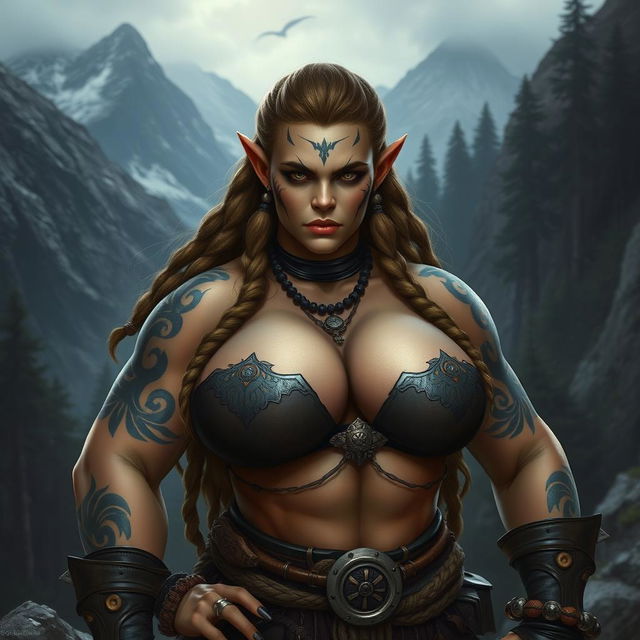 A beautiful female orc with large breasts, displaying a fierce yet captivating presence