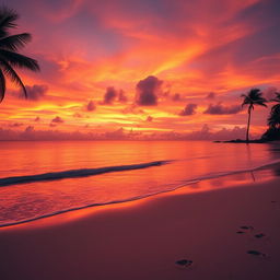 A breathtaking sunset scene showcasing vibrant orange, pink, and purple hues blending seamlessly across the sky above a tranquil beach