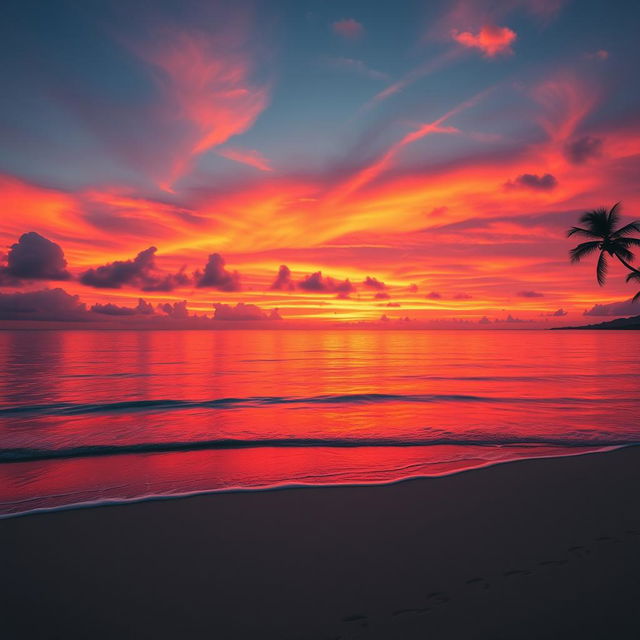 A breathtaking sunset scene showcasing vibrant orange, pink, and purple hues blending seamlessly across the sky above a tranquil beach