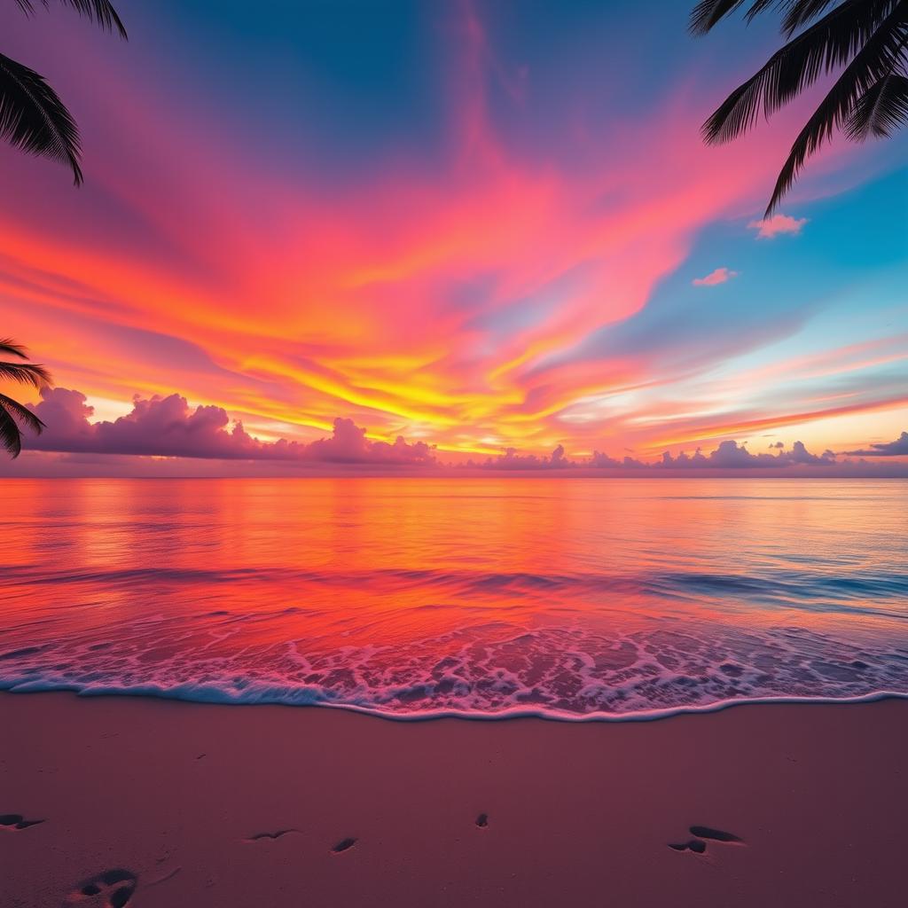 A breathtaking sunset scene showcasing vibrant orange, pink, and purple hues blending seamlessly across the sky above a tranquil beach