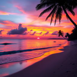 A breathtaking sunset scene showcasing vibrant orange, pink, and purple hues blending seamlessly across the sky above a tranquil beach