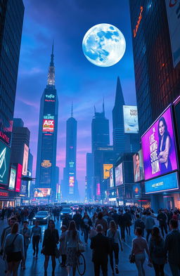 A futuristic cityscape at night, filled with neon lights and towering skyscrapers, showcasing advanced technology such as flying cars and holographic advertisements