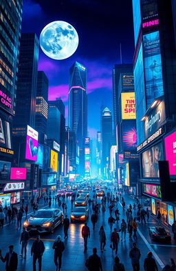 A futuristic cityscape at night, filled with neon lights and towering skyscrapers, showcasing advanced technology such as flying cars and holographic advertisements