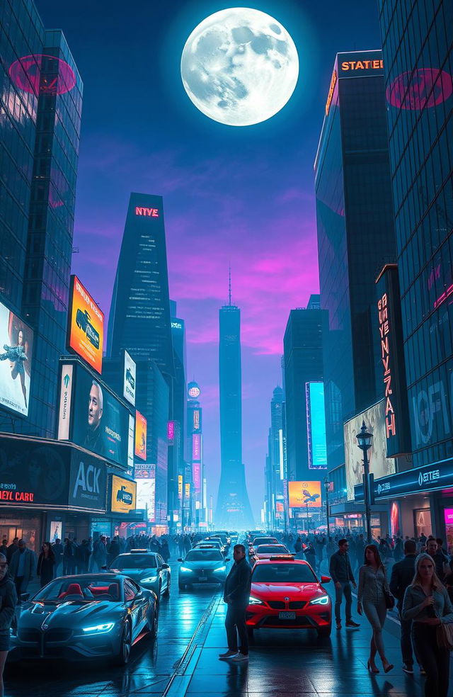 A futuristic cityscape at night, filled with neon lights and towering skyscrapers, showcasing advanced technology such as flying cars and holographic advertisements