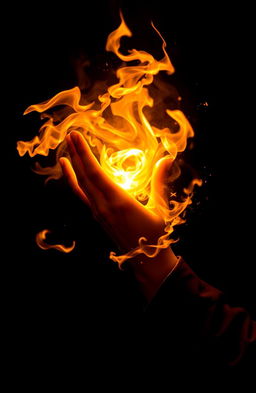 A dramatic scene portraying a hand casting a fireball magically, glowing with vibrant orange and yellow flames against a deep black background