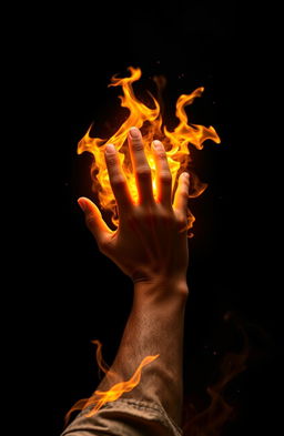 A dramatic scene portraying a hand casting a fireball magically, glowing with vibrant orange and yellow flames against a deep black background