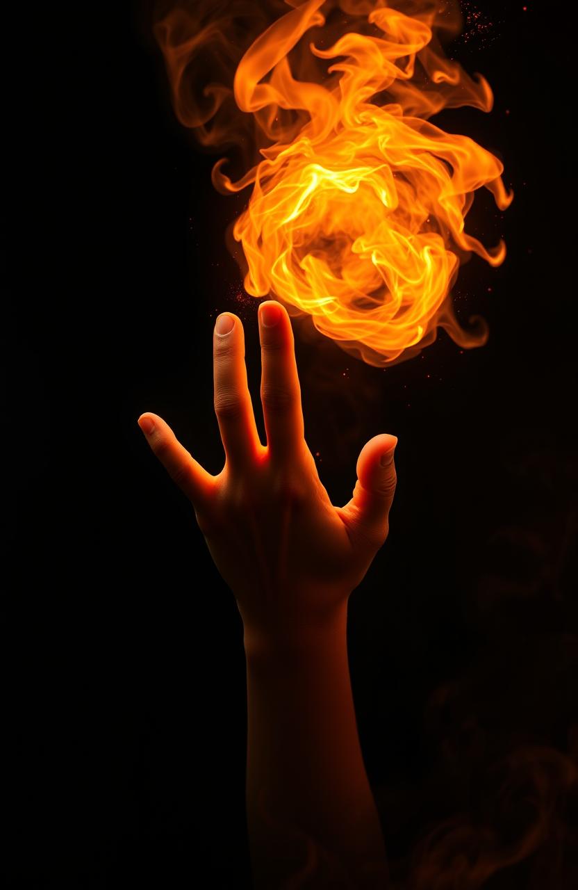 A dramatic scene portraying a hand casting a fireball magically, glowing with vibrant orange and yellow flames against a deep black background