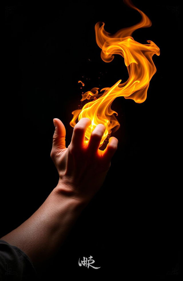 A dramatic scene portraying a hand casting a fireball magically, glowing with vibrant orange and yellow flames against a deep black background