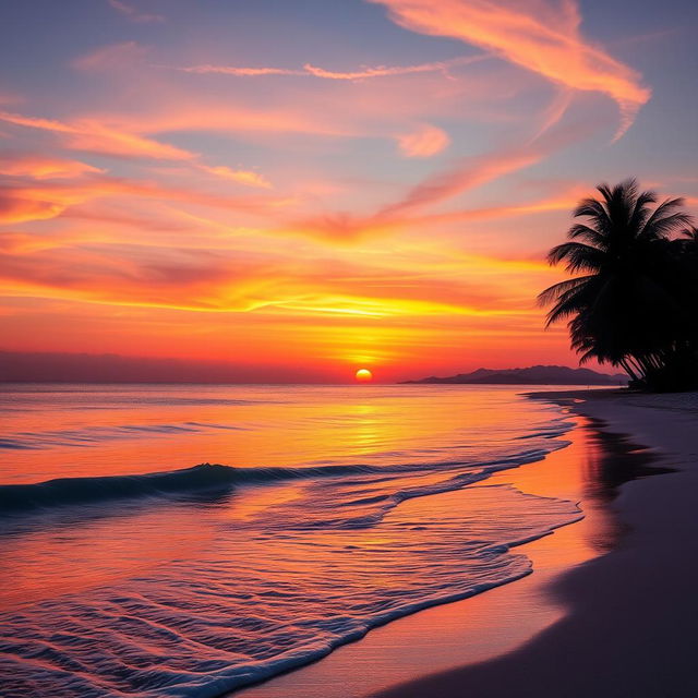 An enchanting sunset scene filled with radiant orange, pink, and purple hues gracefully painted across the sky above a tranquil beach