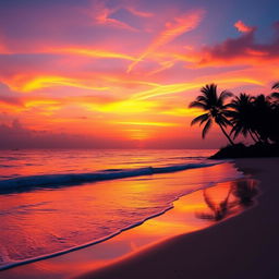 An enchanting sunset scene filled with radiant orange, pink, and purple hues gracefully painted across the sky above a tranquil beach