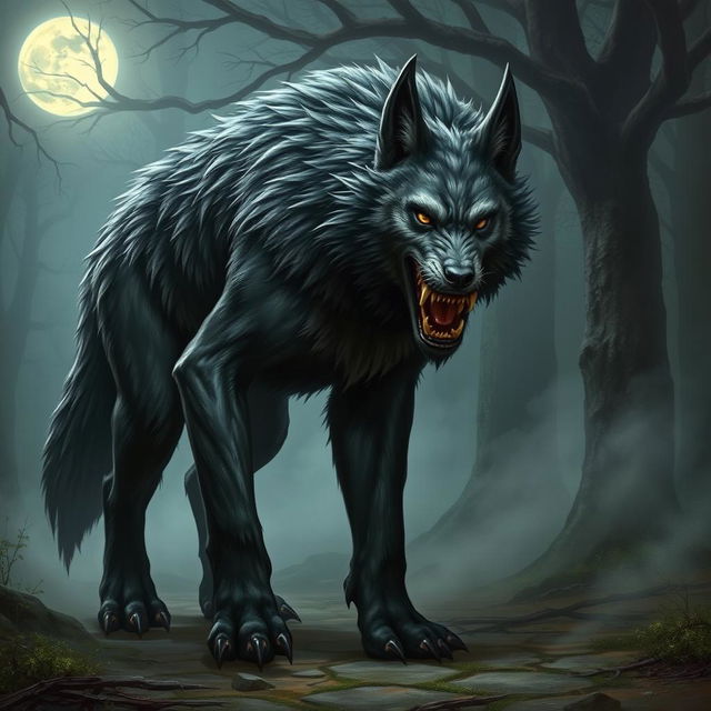 A fierce and powerful warg, a large wolf-like creature with piercing eyes and razor-sharp teeth