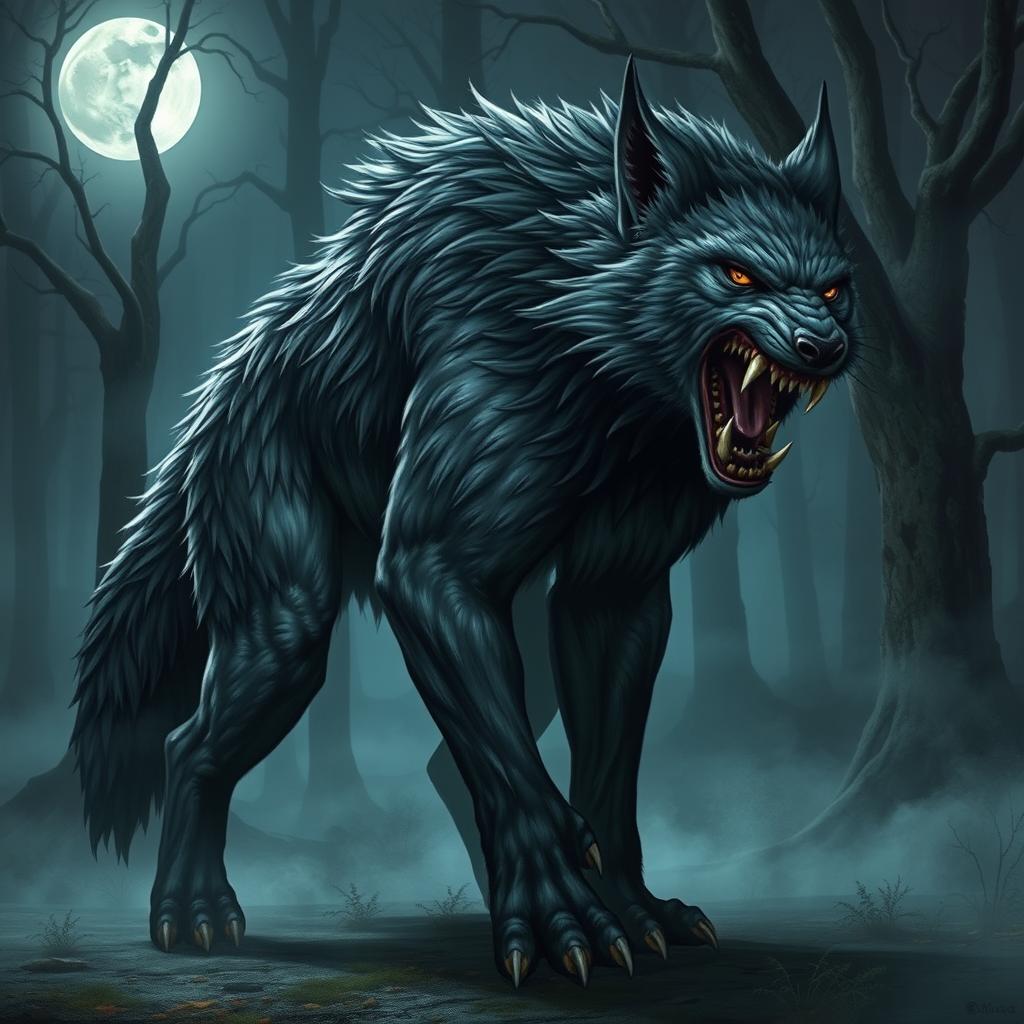 A fierce and powerful warg, a large wolf-like creature with piercing eyes and razor-sharp teeth