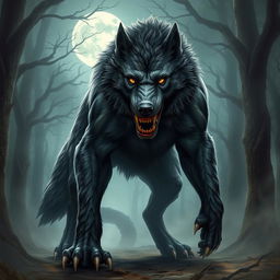 A fierce and powerful warg, a large wolf-like creature with piercing eyes and razor-sharp teeth