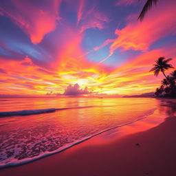 An enchanting sunset scene filled with radiant orange, pink, and purple hues gracefully painted across the sky above a tranquil beach