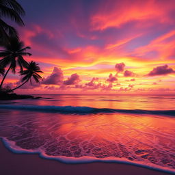 An enchanting sunset scene filled with radiant orange, pink, and purple hues gracefully painted across the sky above a tranquil beach